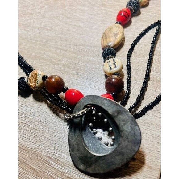 Chico's 4 Strand Boho Bold Faux Agate Cloisonne Seed Beads Pendant 21" Necklace - Picture 5 of 7